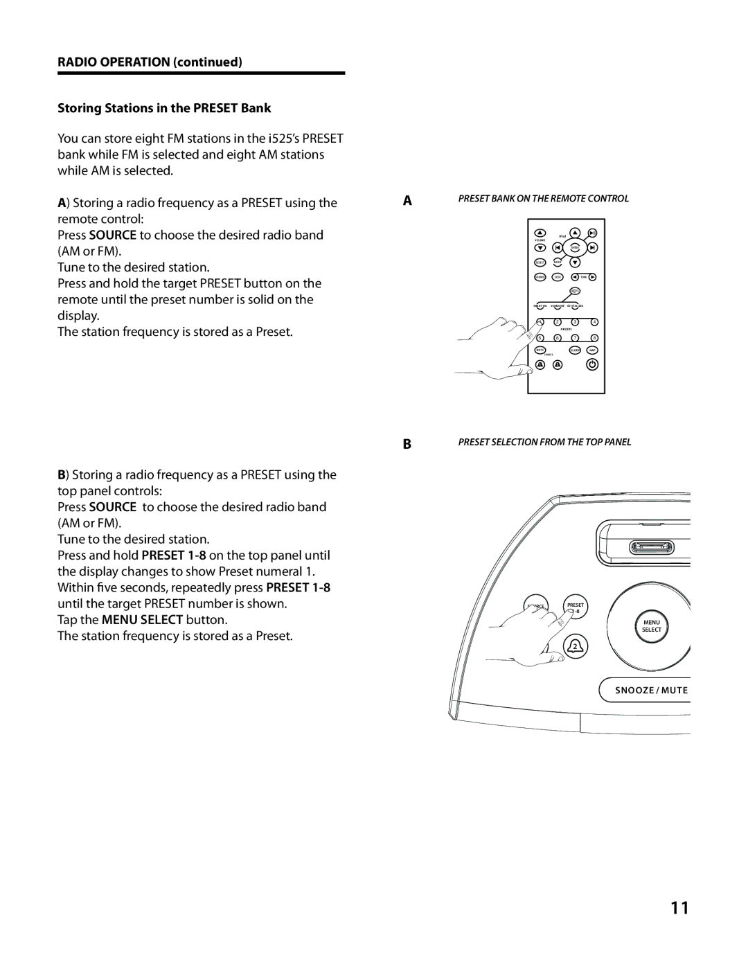 Cambridge SoundWorks I525 Radio Operation Storing Stations in the Preset Bank, Preset Bank on the Remote Control 