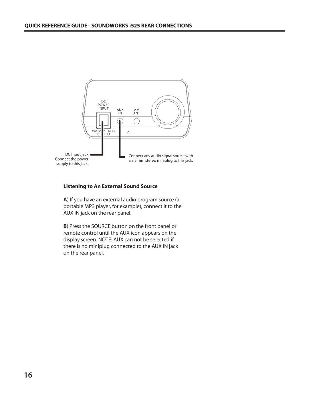 Cambridge SoundWorks I525 Quick Reference Guide Soundworks i525 Rear Connections, Listening to An External Sound Source 