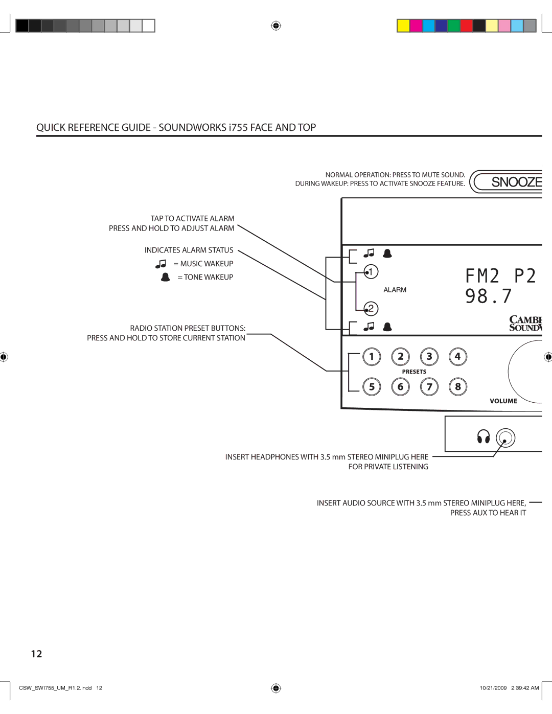 Cambridge SoundWorks I755 user manual Quick Reference Guide Soundworks i755 Face and TOP 