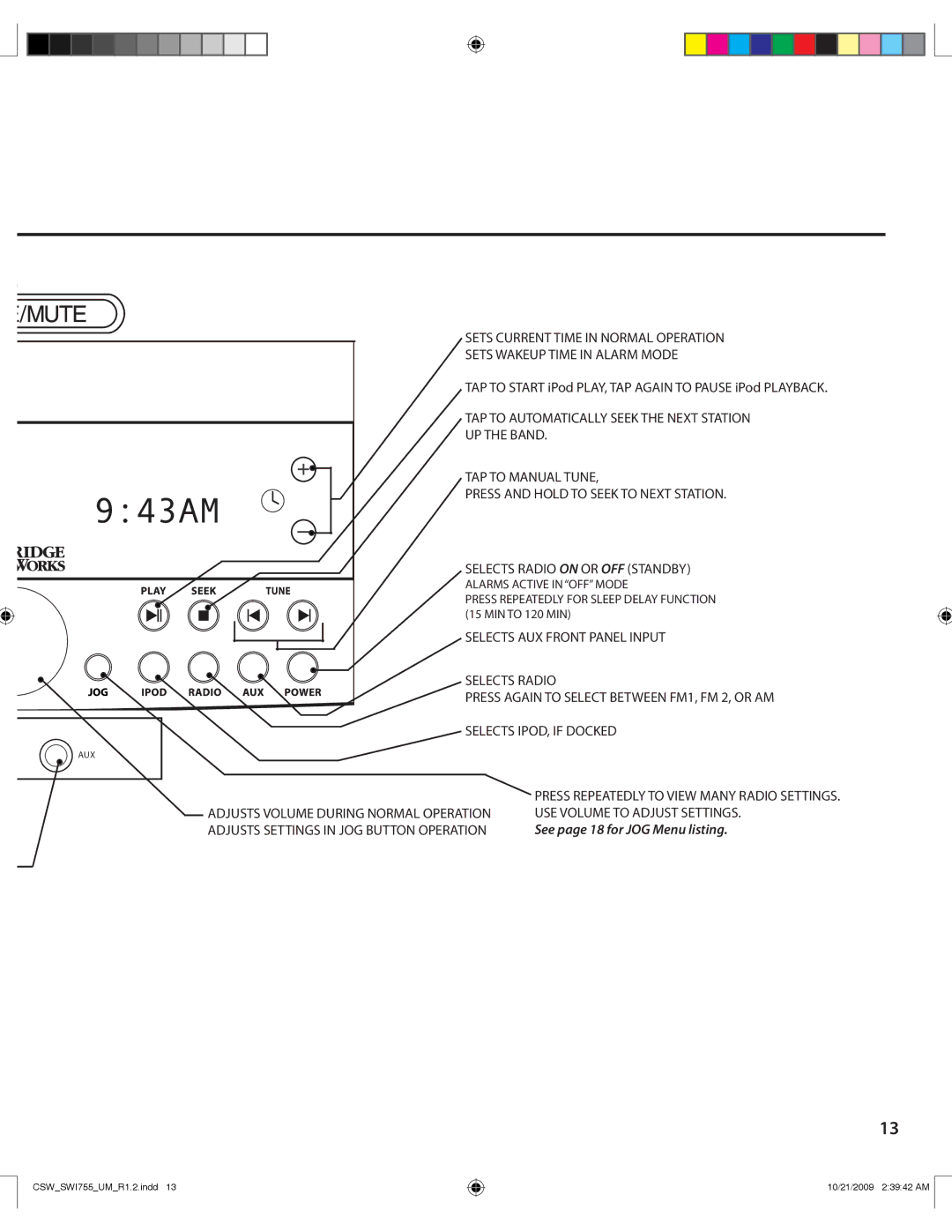 Cambridge SoundWorks I755 user manual See page 18 for JOG Menu listing 