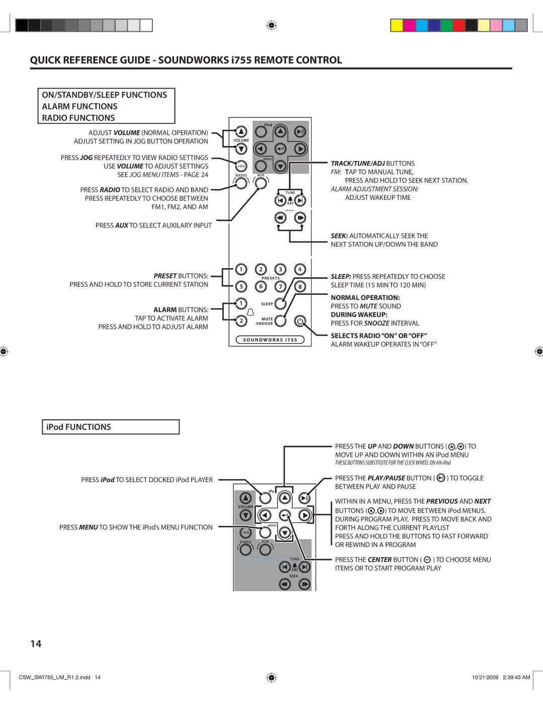 Cambridge SoundWorks I755 user manual Quick Reference Guide Soundworks i755 Remote Control 