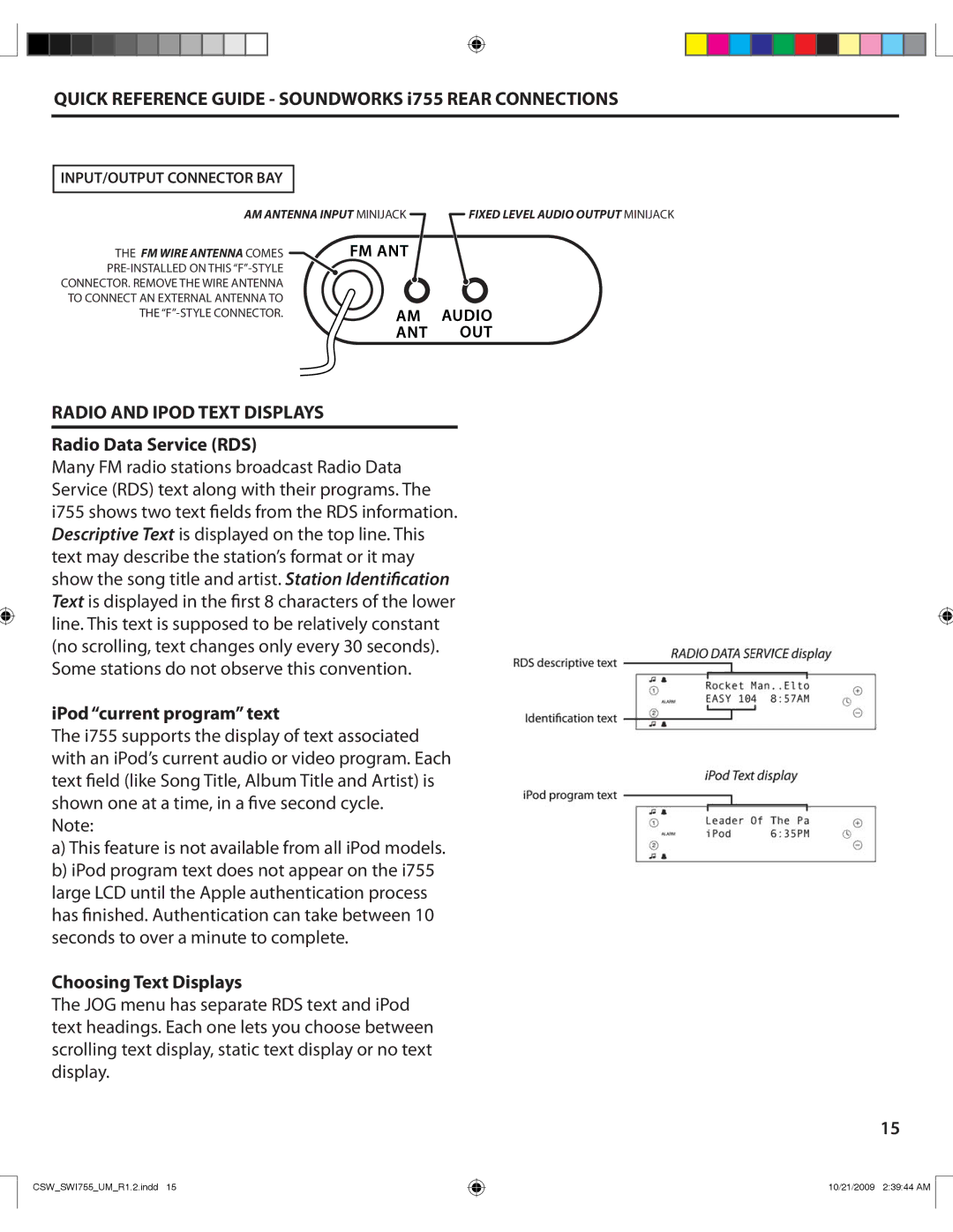 Cambridge SoundWorks I755 user manual Quick Reference Guide Soundworks i755 Rear Connections, Radio and Ipod Text Displays 