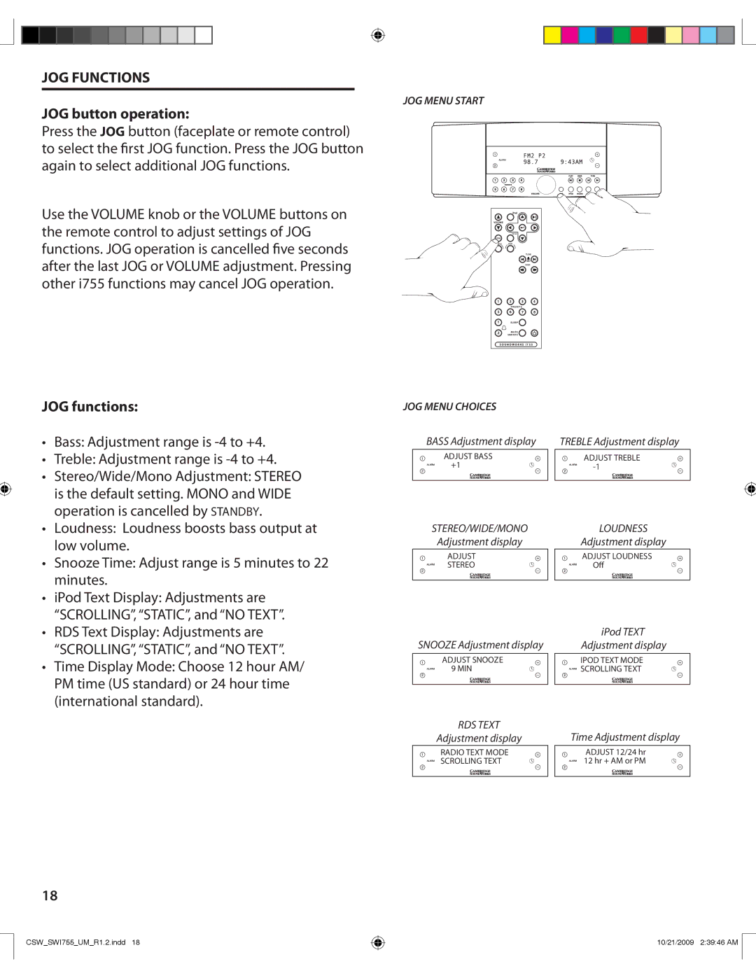 Cambridge SoundWorks I755 user manual JOG Functions, JOG button operation, JOG functions 