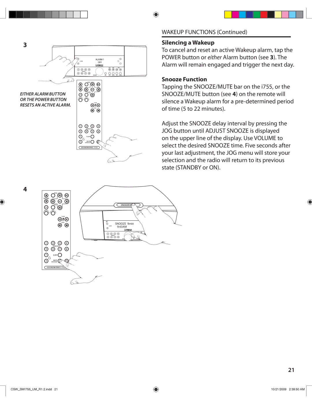 Cambridge SoundWorks I755 user manual Silencing a Wakeup, Snooze Function 