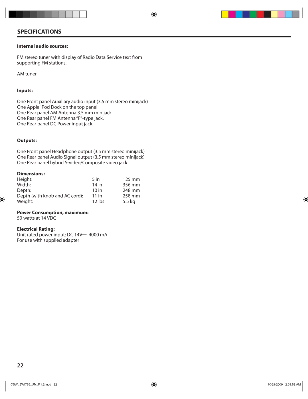 Cambridge SoundWorks I755 user manual Specifications, Internal audio sources 