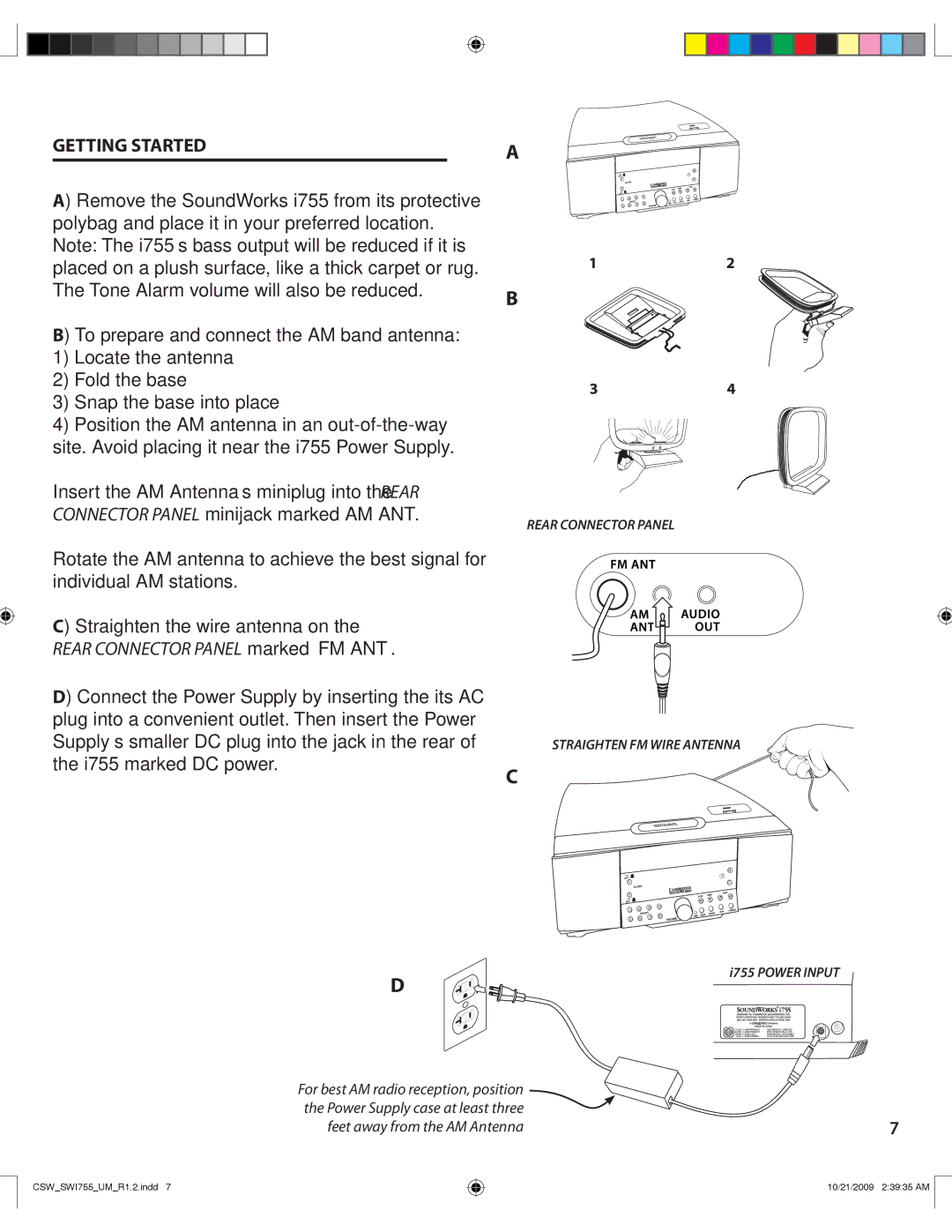 Cambridge SoundWorks I755 user manual Getting Started, Rear Connector Panel marked FM ANT 