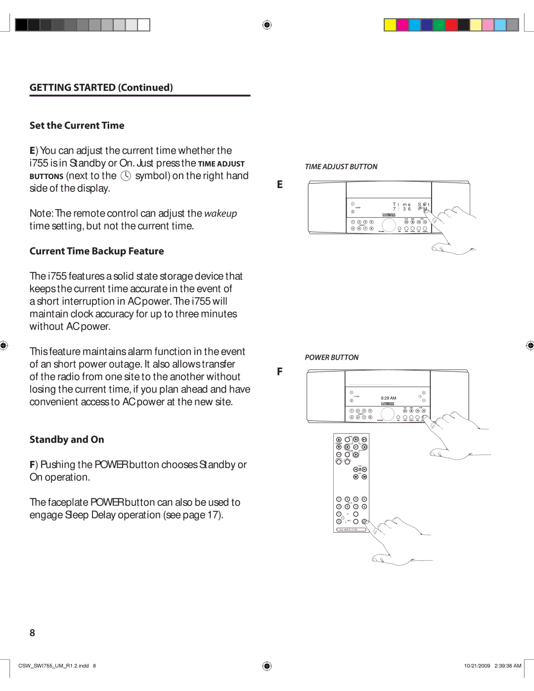 Cambridge SoundWorks I755 user manual Getting Started Set the Current Time, Current Time Backup Feature, Standby and On 