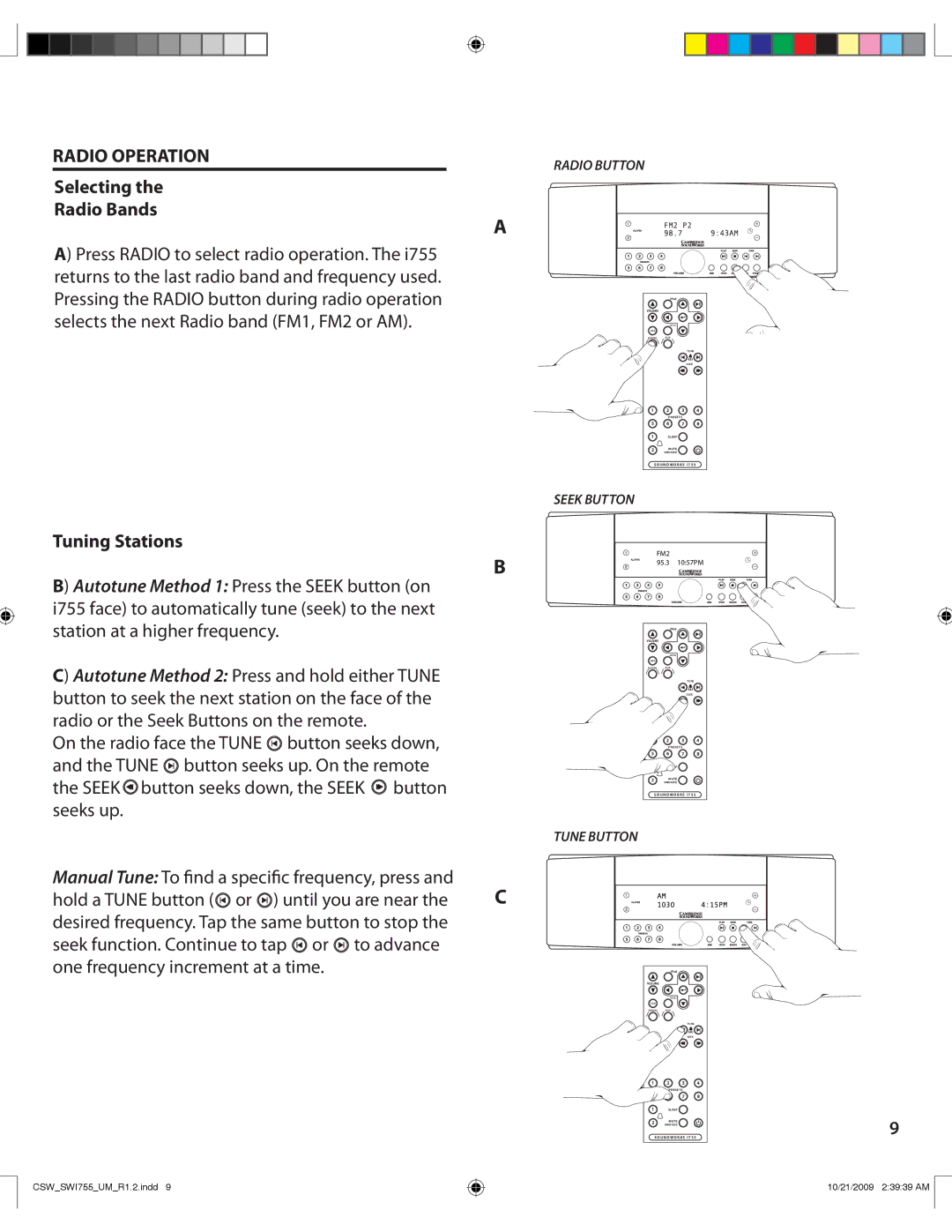 Cambridge SoundWorks I755 user manual Radio Operation, Selecting Radio Bands, Tuning Stations 