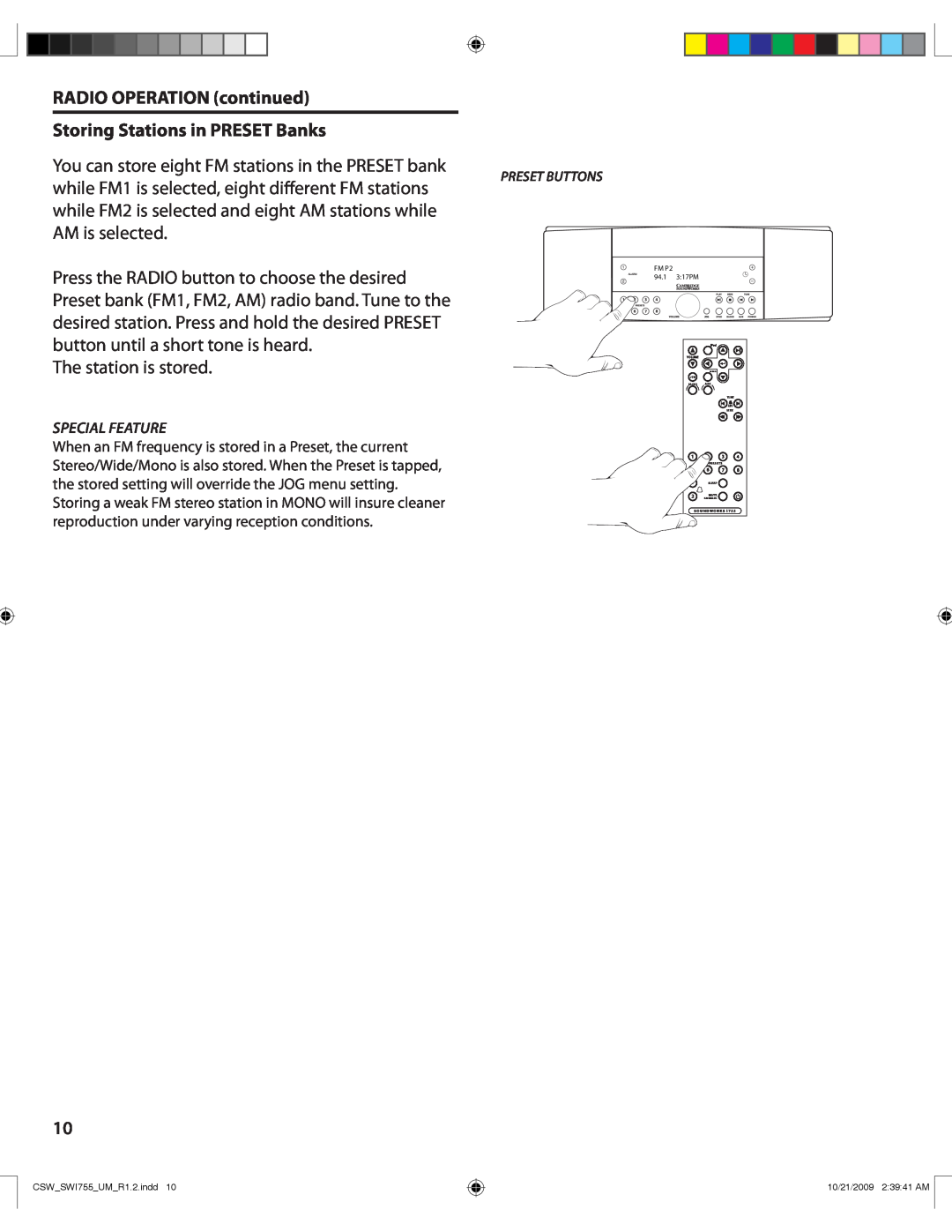 Cambridge SoundWorks I755 user manual RADIO OPERATION continued, Storing Stations in PRESET Banks 