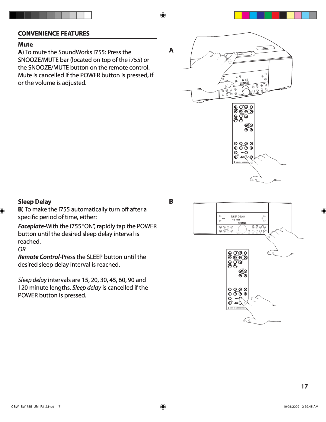 Cambridge SoundWorks I755 user manual CONVENIENCE FEATURES Mute, Sleep Delay 