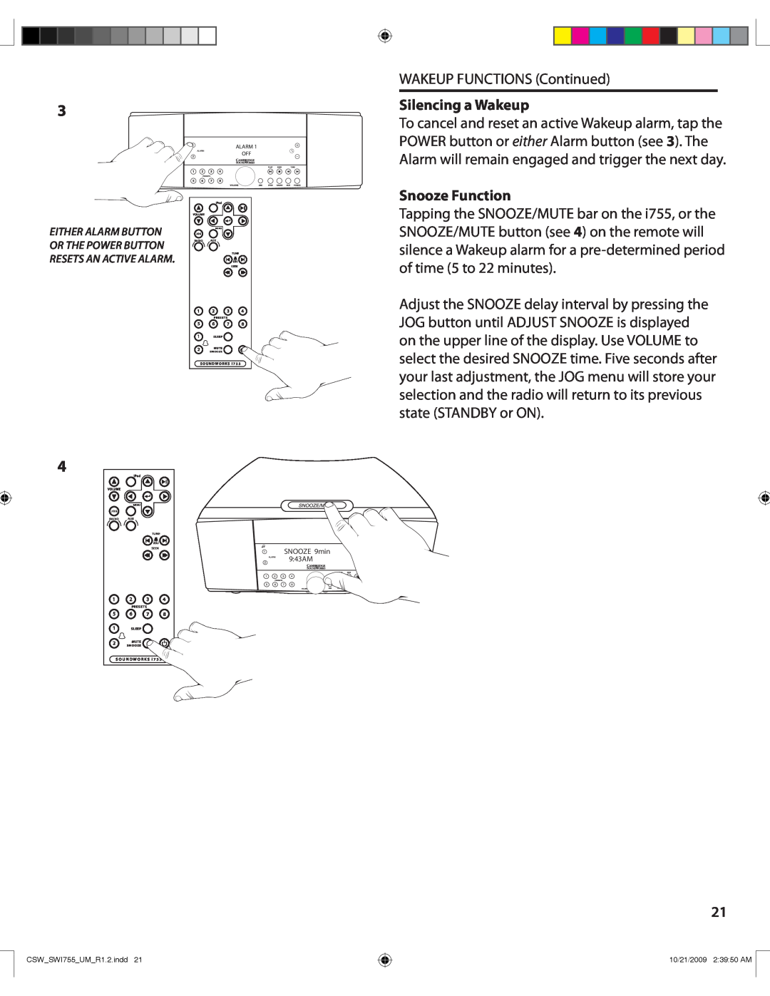 Cambridge SoundWorks I755 user manual Silencing a Wakeup, Snooze Function 