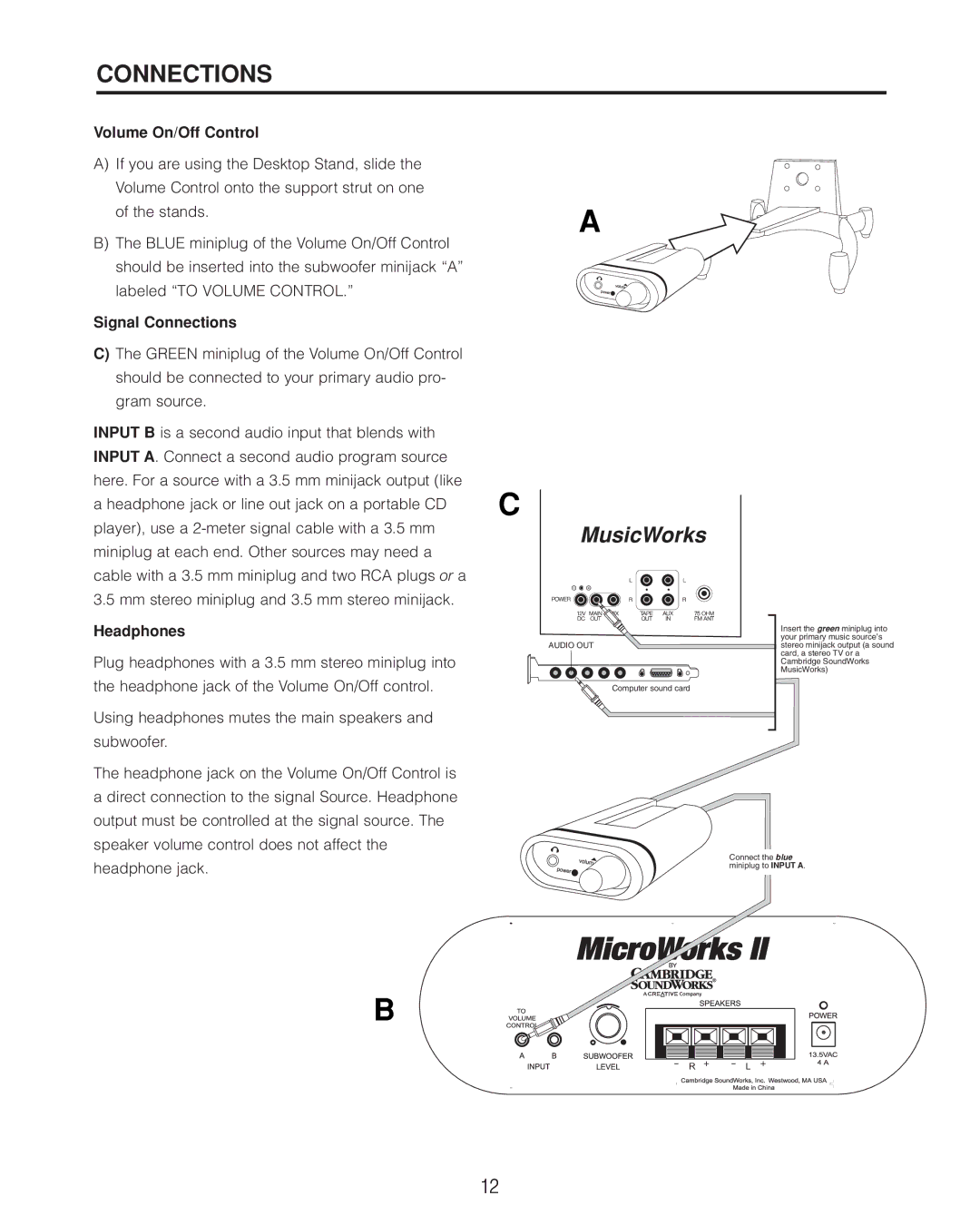 Cambridge SoundWorks II user manual Volume On/Off Control, Signal Connections, Headphones 