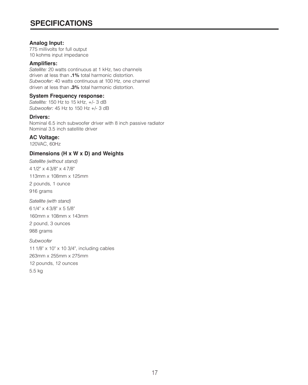 Cambridge SoundWorks II user manual Specifications, Amplifiers 