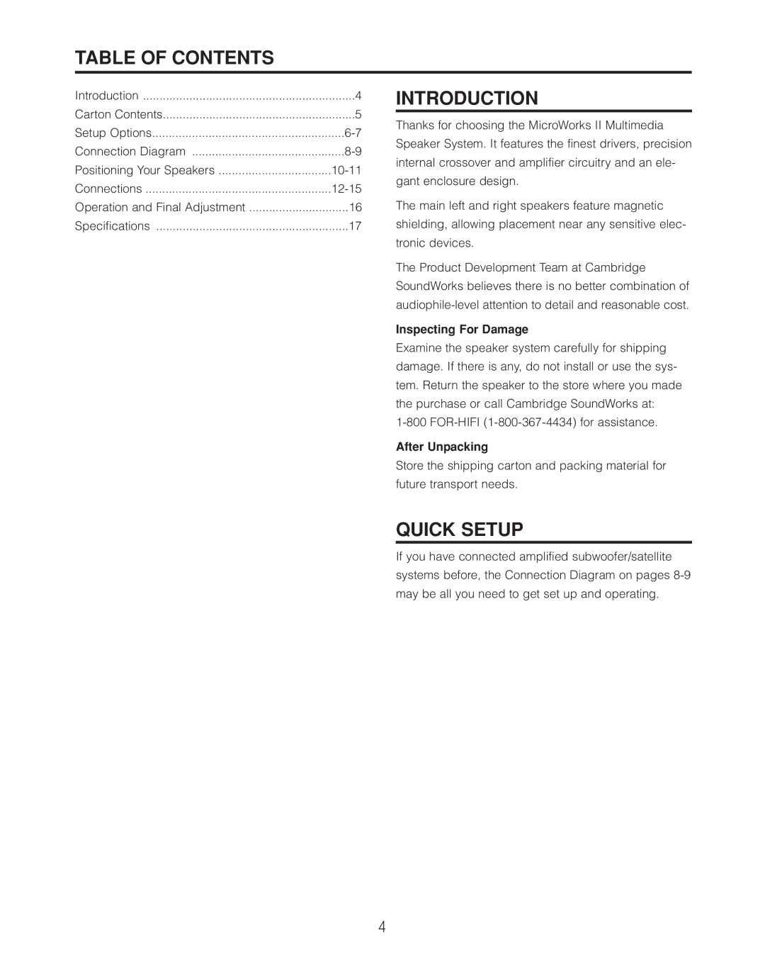 Cambridge SoundWorks II user manual Table of Contents, Introduction, Quick Setup 