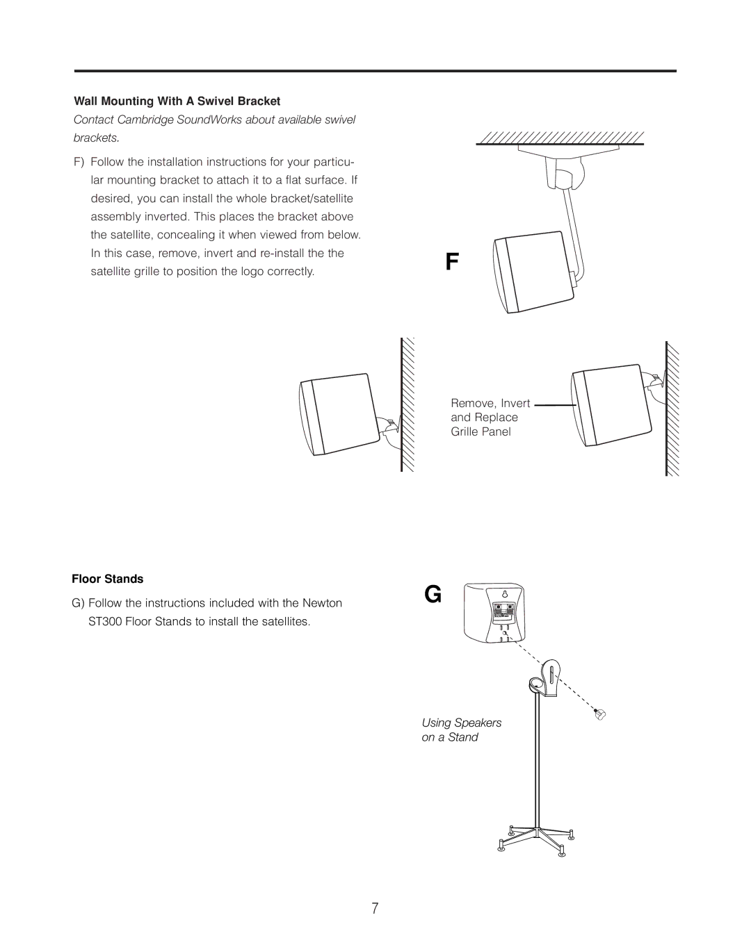 Cambridge SoundWorks II user manual Wall Mounting With a Swivel Bracket, Floor Stands 