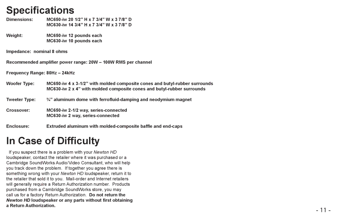 Cambridge SoundWorks MC650-IW, MC630-IW manual Specifications, Case of Difficulty 