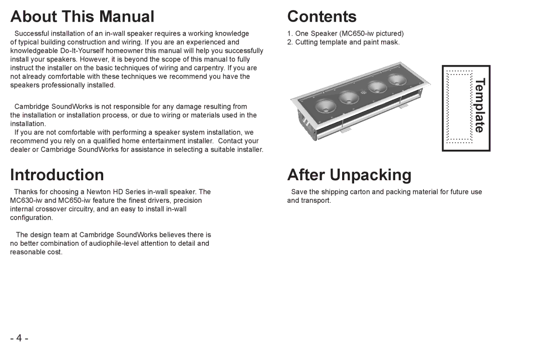 Cambridge SoundWorks MC630-IW, MC650-IW manual About This Manual, Introduction, After Unpacking 