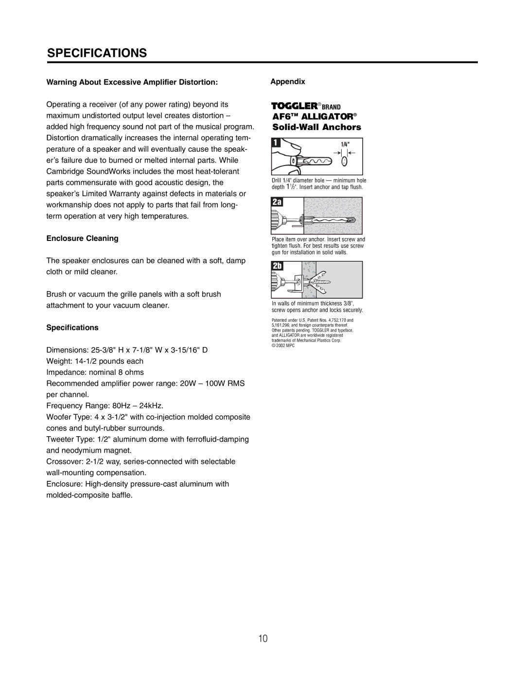 Cambridge SoundWorks MC650HD manual Specifications, Enclosure Cleaning, Appendix 