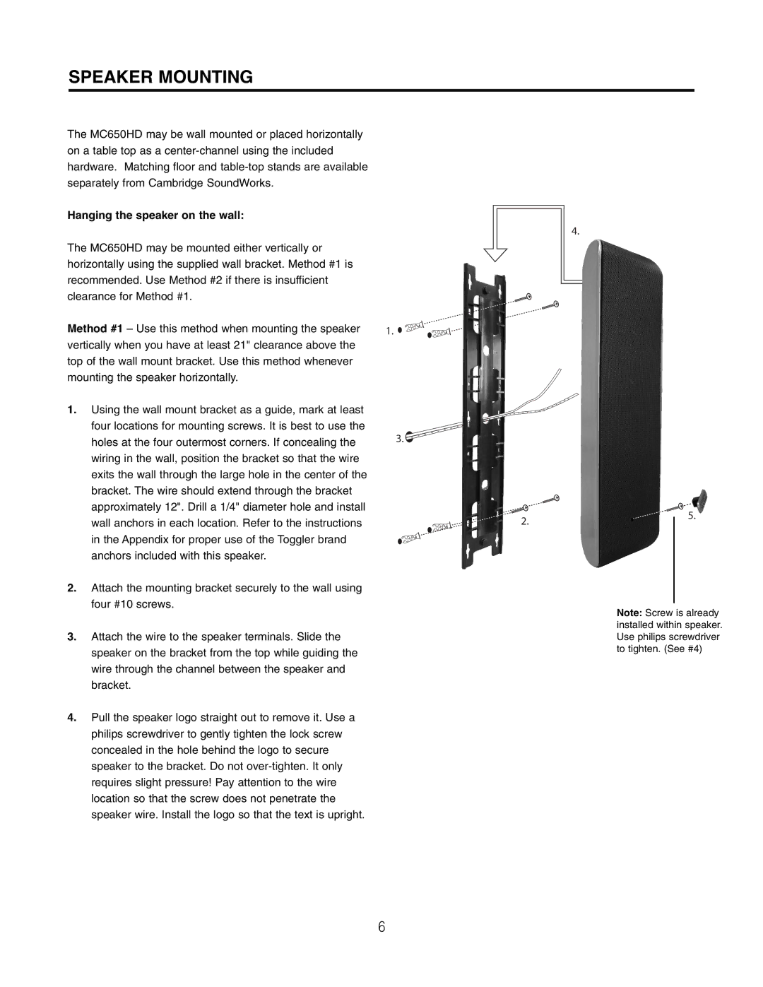 Cambridge SoundWorks MC650HD manual Speaker Mounting, Hanging the speaker on the wall 