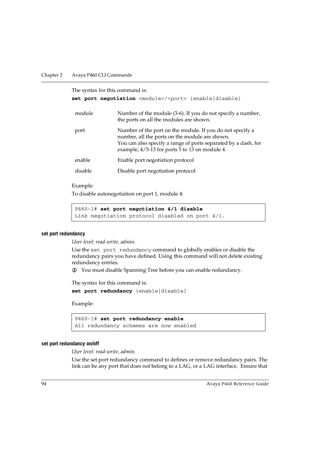 Cambridge SoundWorks manual P460-1#set port negotiation 4/1 disable, Set port redundancy enabledisable 