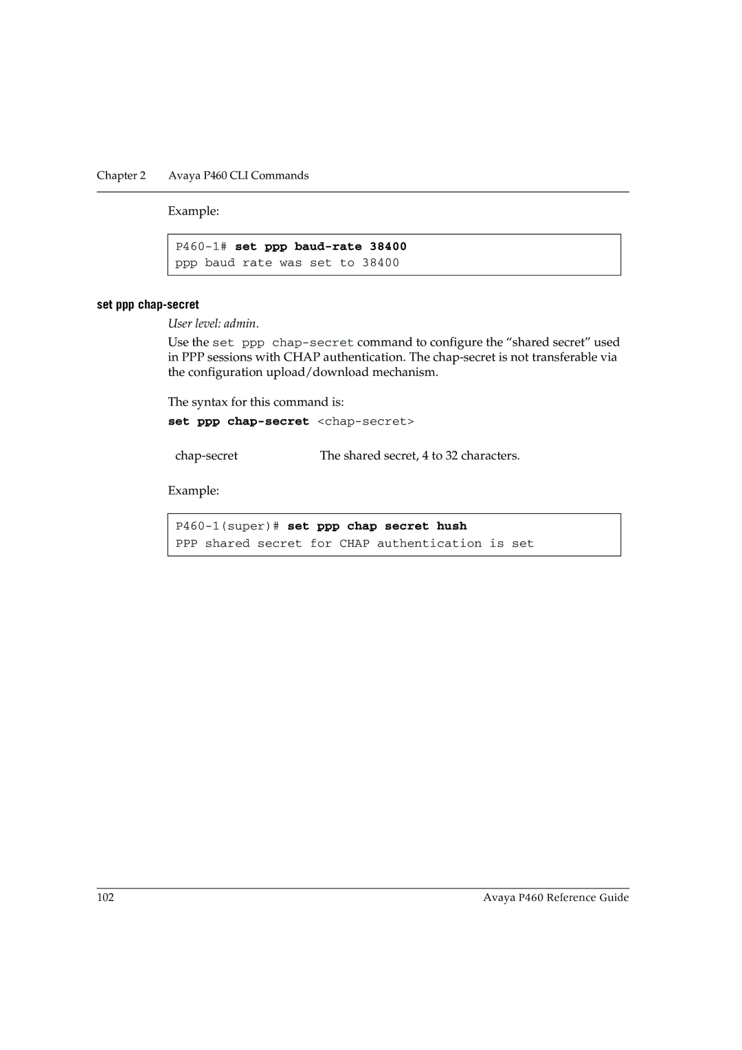 Cambridge SoundWorks manual P460-1#set ppp baud-rate 38400 ppp baud rate was set to, Set ppp chap-secret 