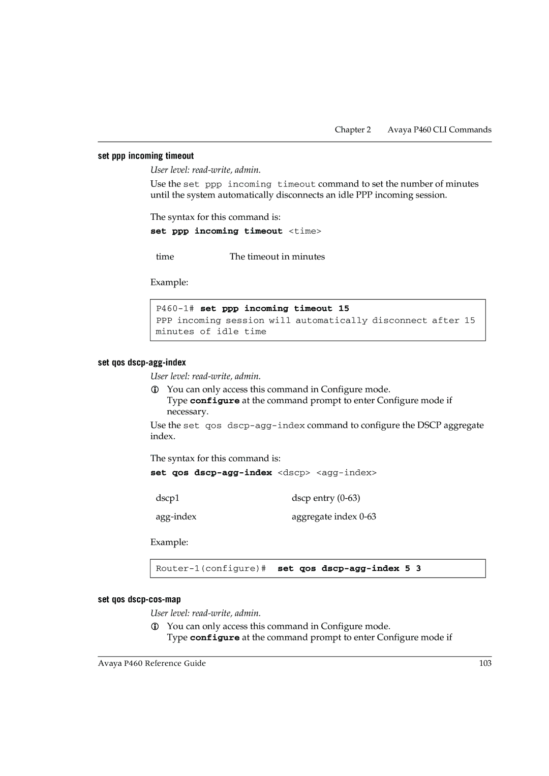 Cambridge SoundWorks manual Set ppp incoming timeout time, P460-1#set ppp incoming timeout, Set qos dscp-agg-index 5 