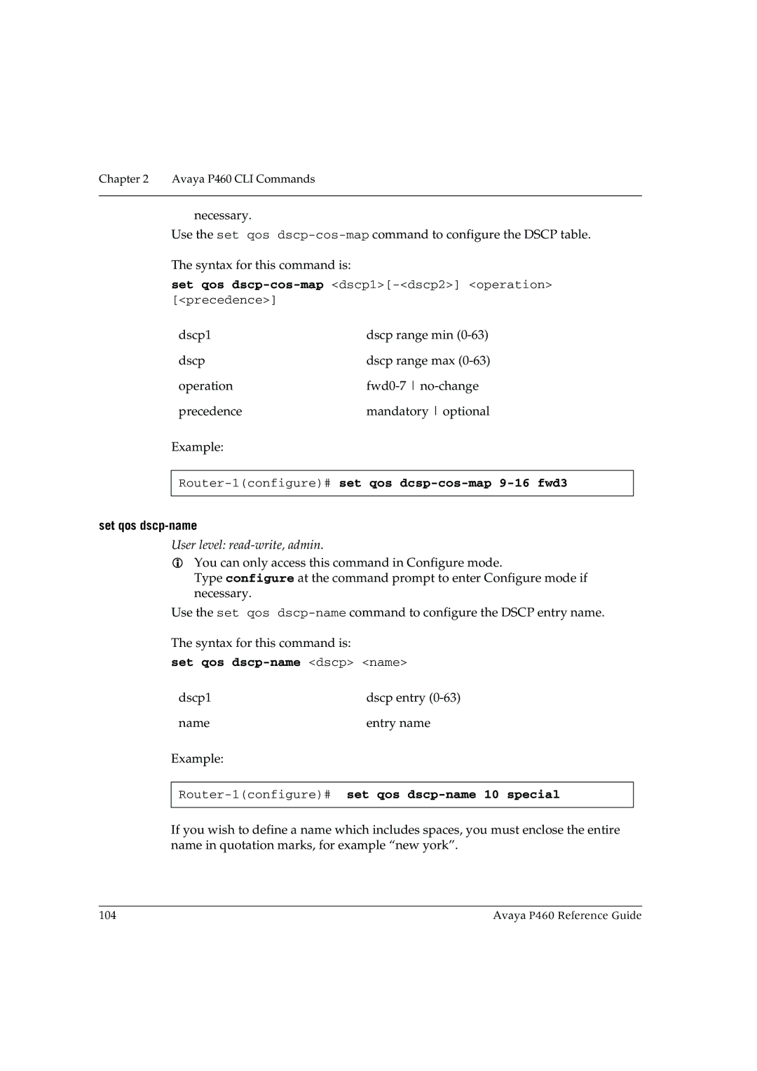 Cambridge SoundWorks P460 manual Set qos dscp-cos-map dscp1-dscp2 operation precedence, Set qos dscp-name 