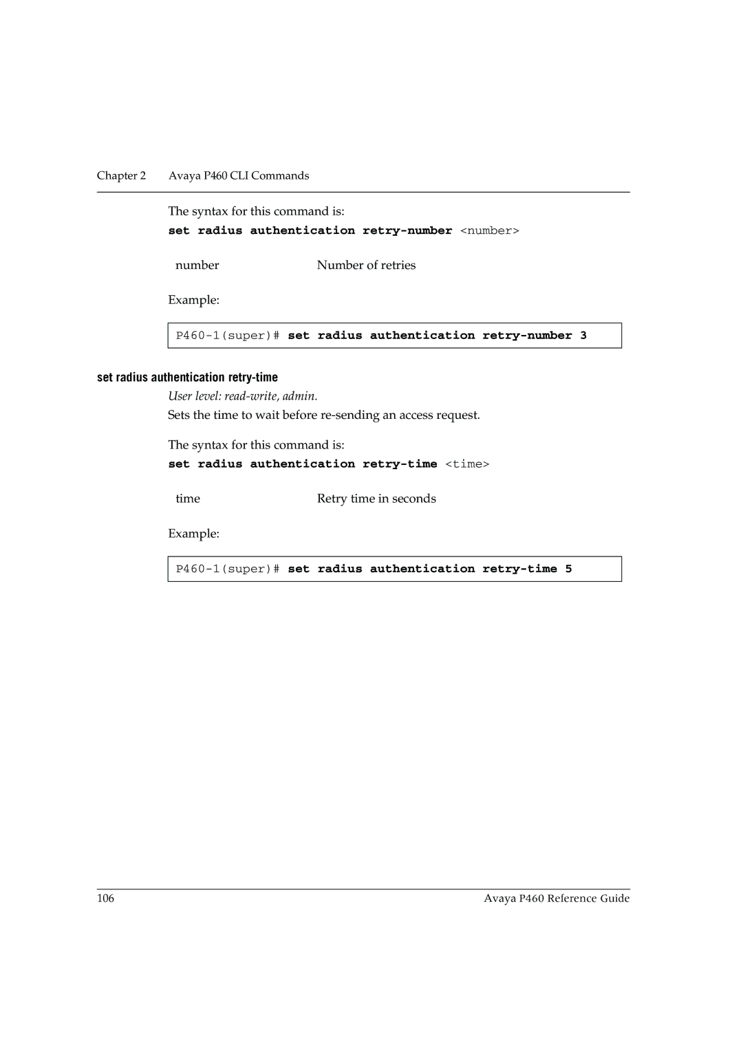 Cambridge SoundWorks P460 manual Set radius authentication retry-number number, Set radius authentication retry-time 