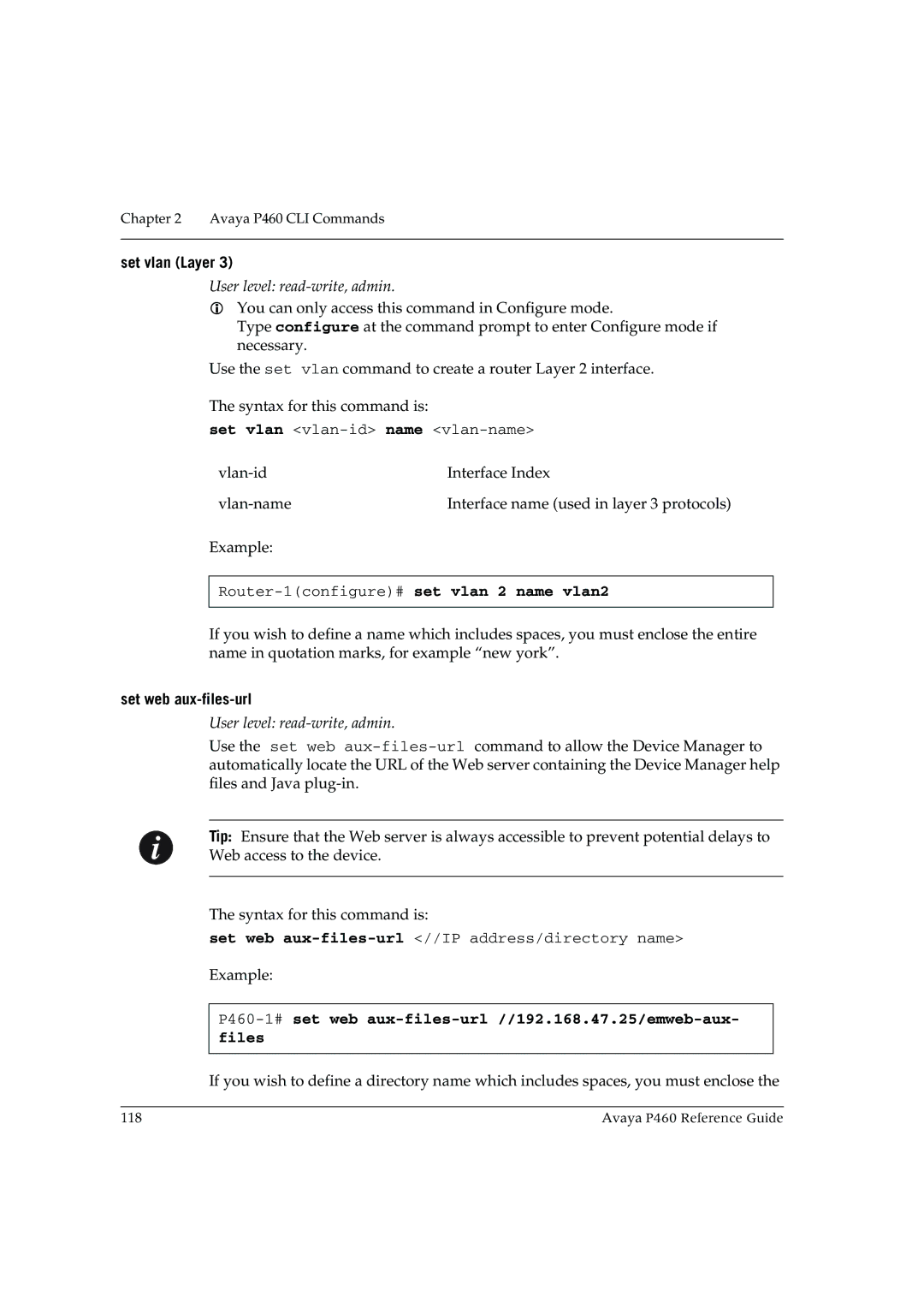 Cambridge SoundWorks P460 manual Set vlan Layer, Set web aux-files-url 