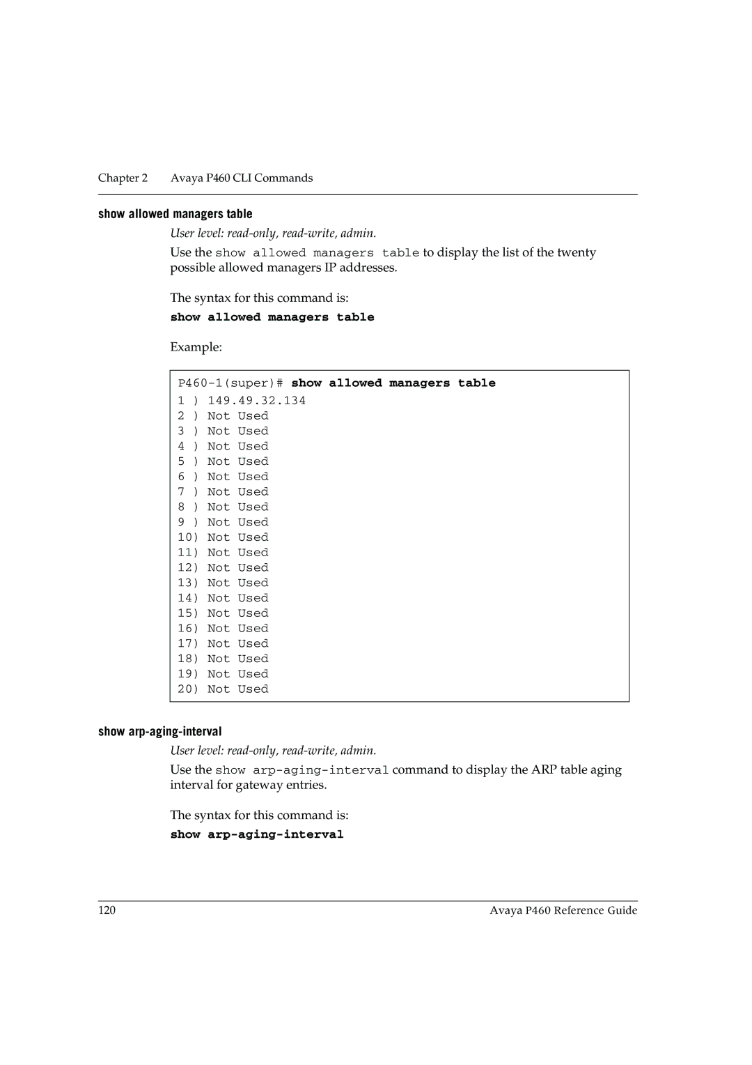 Cambridge SoundWorks Show allowed managers table, P460-1super#show allowed managers table, Show arp-aging-interval 