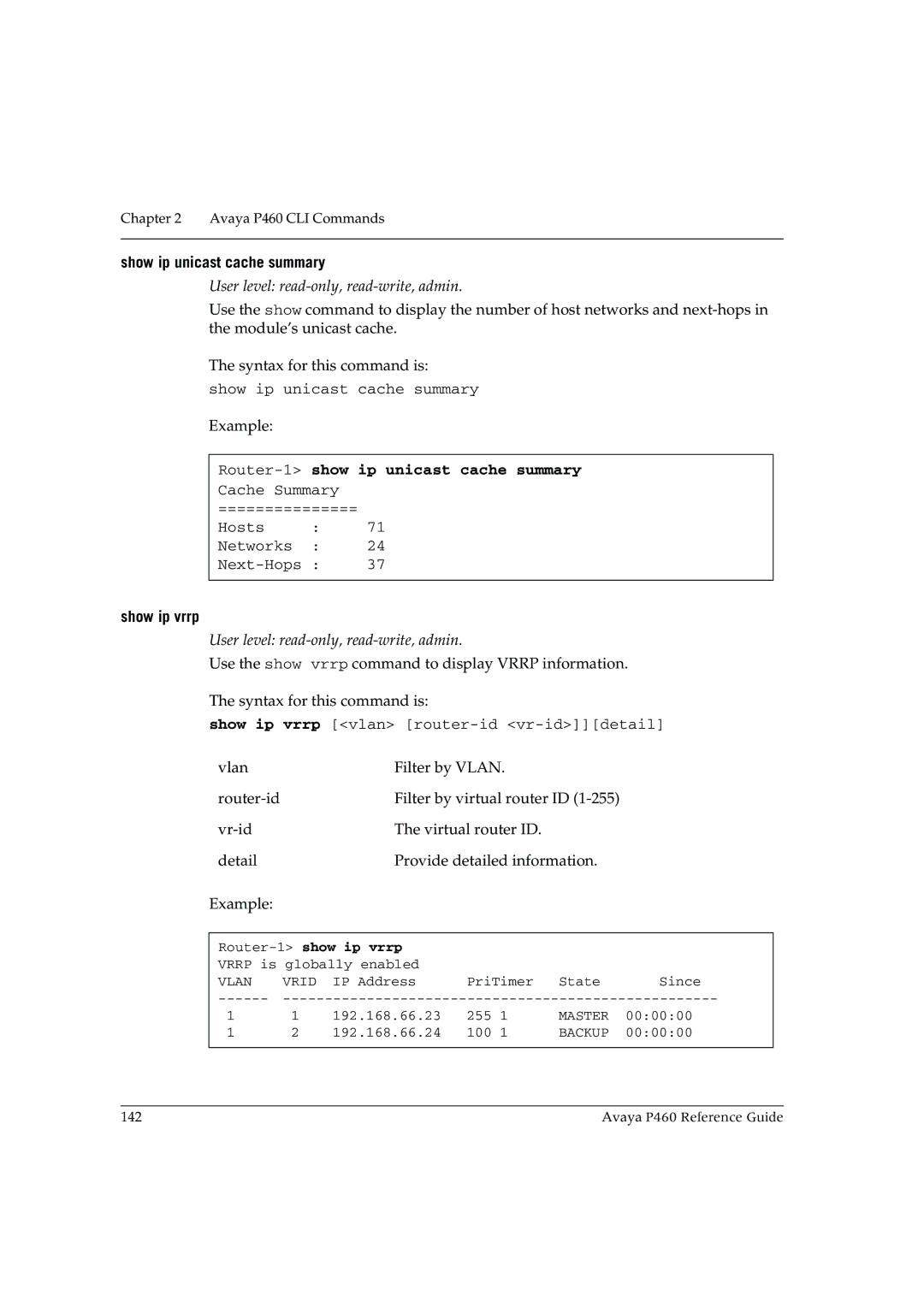 Cambridge SoundWorks P460 manual Show ip unicast cache summary, Router-1show ip unicast cache summary, Show ip vrrp 