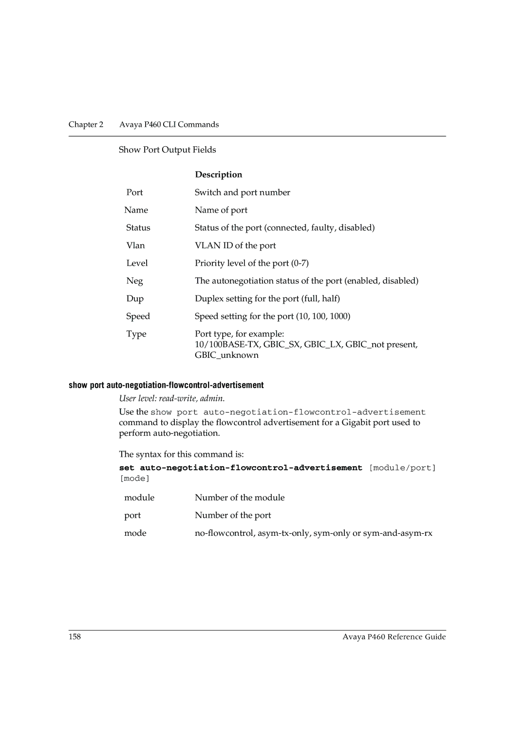 Cambridge SoundWorks P460 manual Description, Show port auto-negotiation-flowcontrol-advertisement 