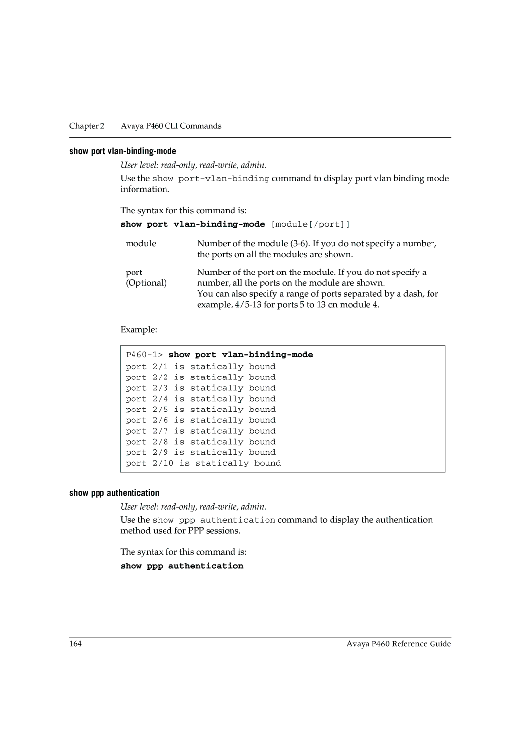 Cambridge SoundWorks P460 manual Show port vlan-binding-mode module/port, Show ppp authentication 