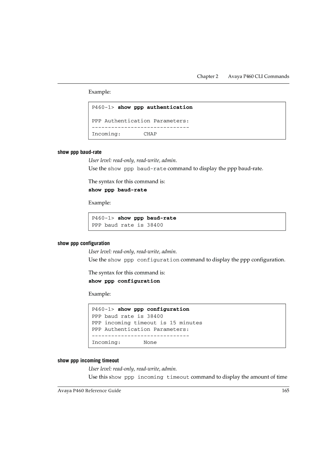 Cambridge SoundWorks manual P460-1show ppp authentication, Show ppp baud-rate, P460-1show ppp baud-rate 