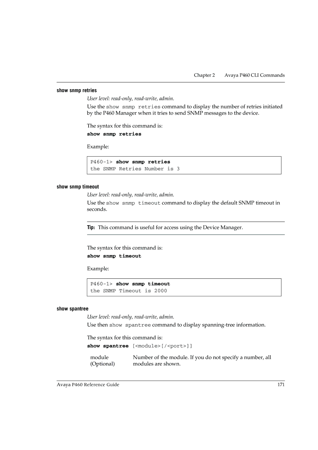 Cambridge SoundWorks manual Show snmp retries, P460-1show snmp retries, Show snmp timeout, P460-1show snmp timeout 