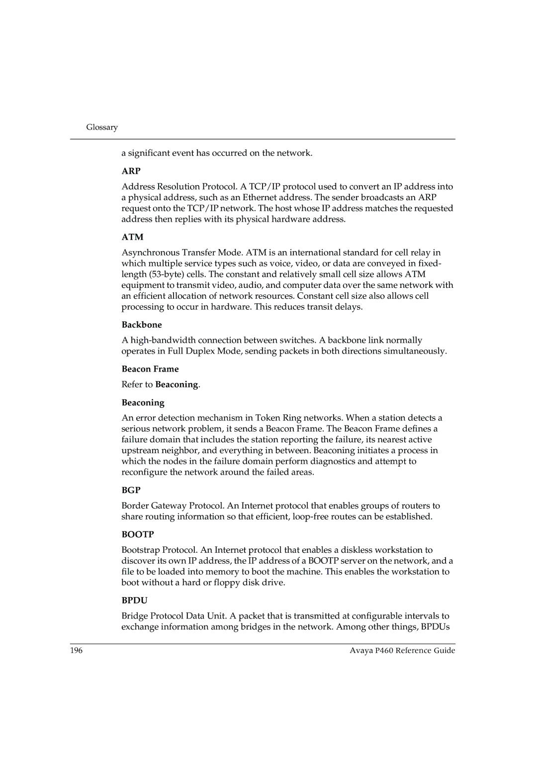 Cambridge SoundWorks P460 manual Arp, Atm, Bgp, Bootp, Bpdu 