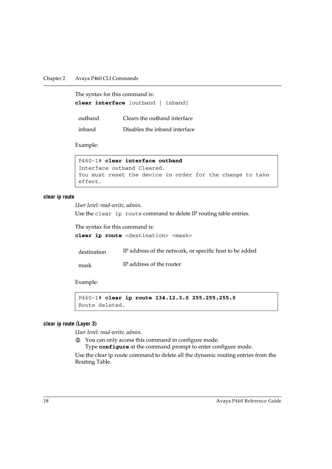 Cambridge SoundWorks manual P460-1#clear interface outband, Clear ip route, P460-1#clear ip route 134.12.3.0 