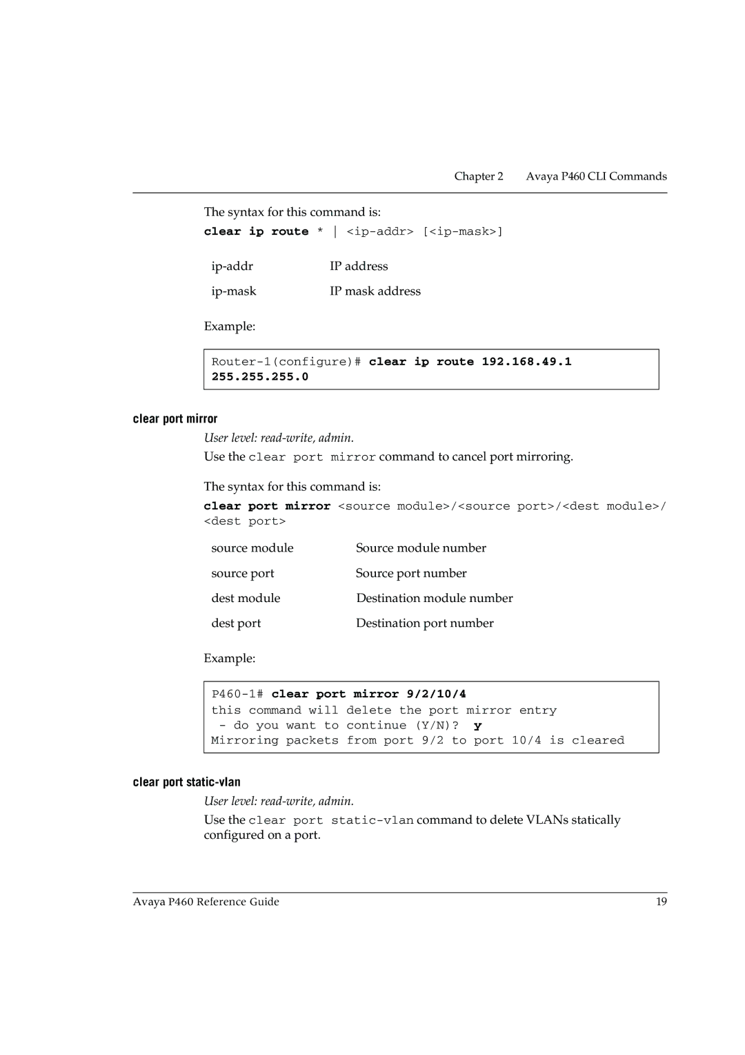 Cambridge SoundWorks P460 manual Router-1configure#clear ip route 192.168.49.1, Clear port mirror, Clear port static-vlan 