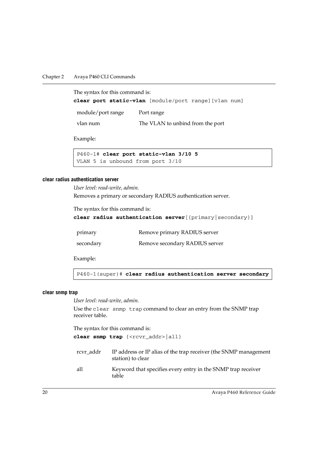 Cambridge SoundWorks manual P460-1#clear port static-vlan 3/10, Clear radius authentication server, Clear snmp trap 