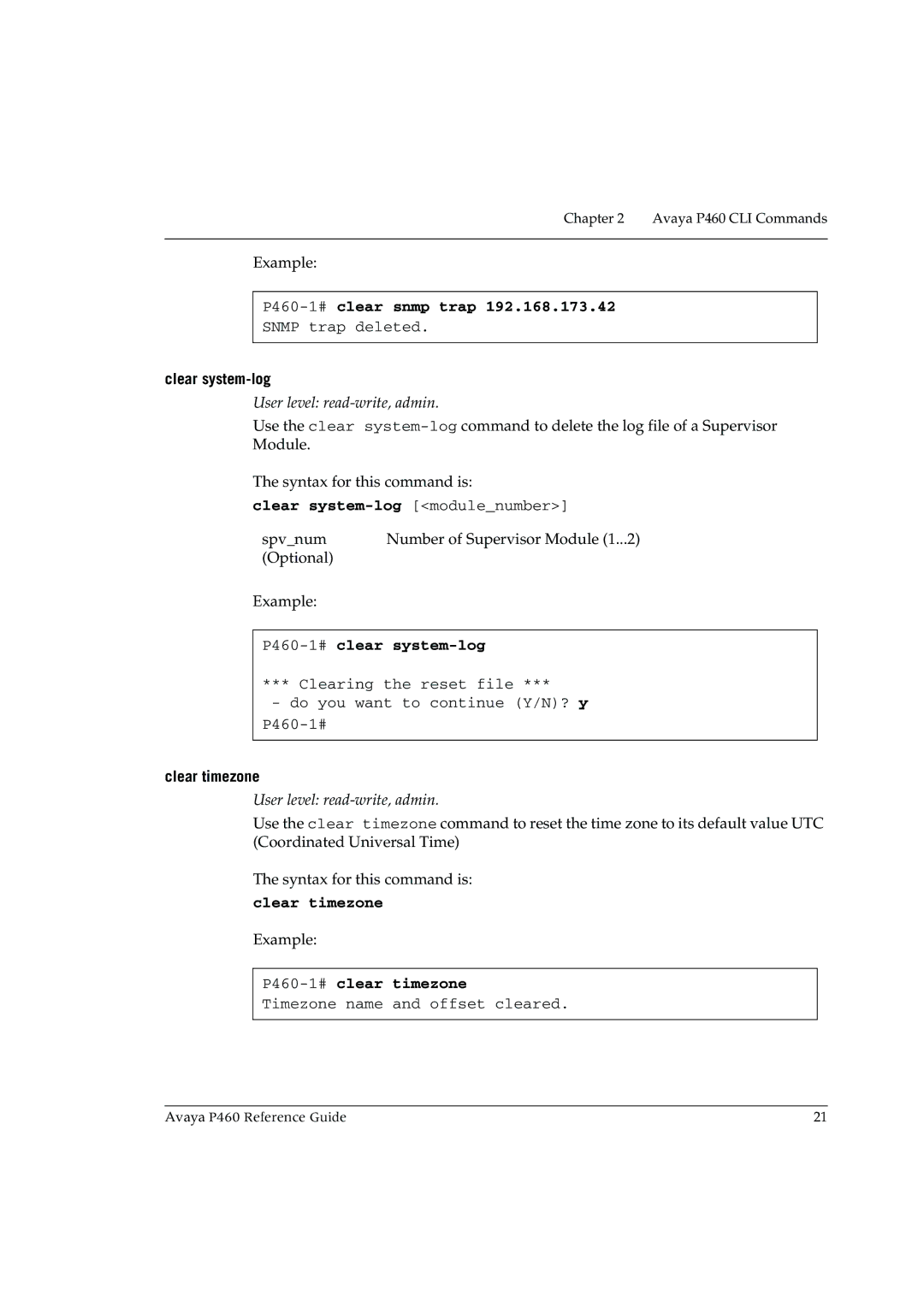 Cambridge SoundWorks P460-1#clear snmp trap, Clear system-log modulenumber, P460-1#clear system-log, Clear timezone 