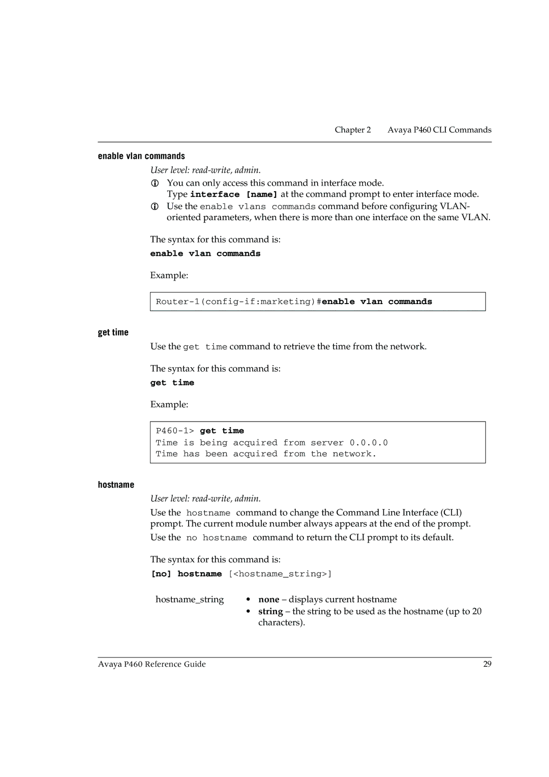 Cambridge SoundWorks P460 manual Enable vlan commands, Get time, Hostname 