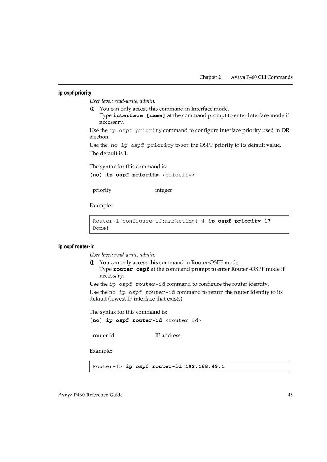 Cambridge SoundWorks P460 Ip ospf priority, No ip ospf priority priority, Ip ospf router-id, Router-1ip ospf router-id 