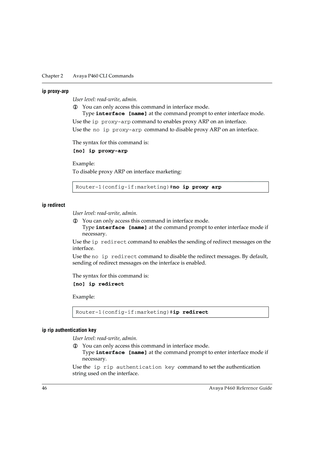 Cambridge SoundWorks P460 manual Ip proxy-arp, No ip proxy-arp, Ip redirect, No ip redirect, Ip rip authentication key 