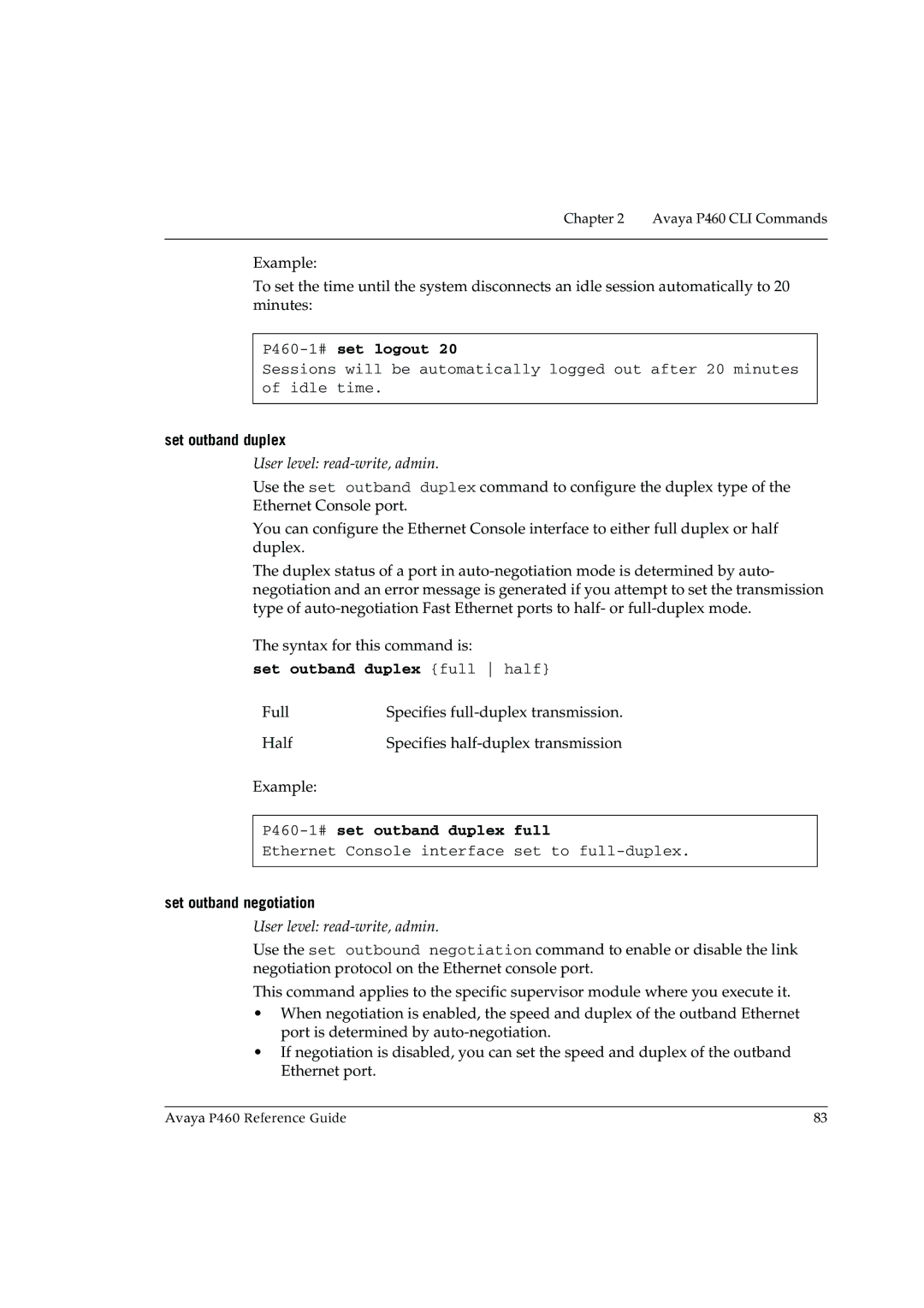 Cambridge SoundWorks manual P460-1#set logout, Set outband duplex full half, P460-1#set outband duplex full 