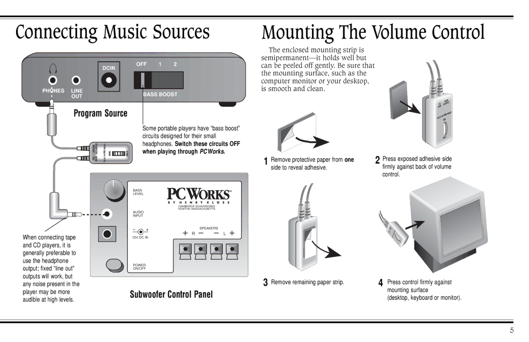 Cambridge SoundWorks PCWorks Speaker System operating instructions Connecting Music Sources, Mounting The Volume Control 