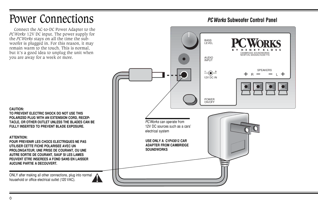 Cambridge SoundWorks PCWorks Speaker System operating instructions Power Connections, PC Works Subwoofer Control Panel 