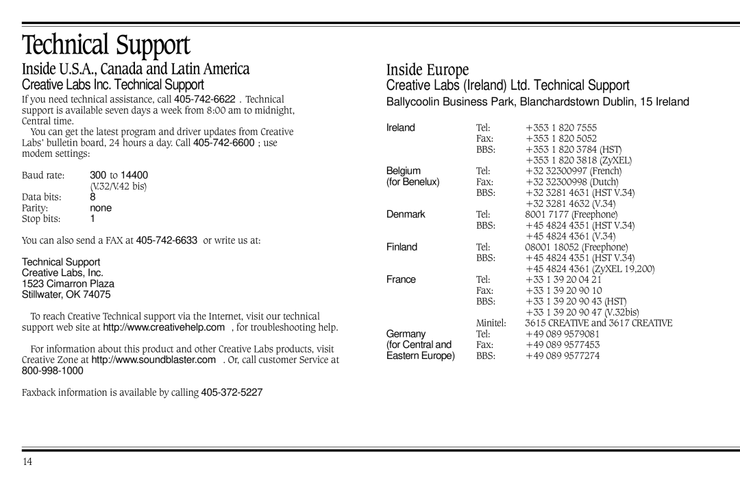 Cambridge SoundWorks PCWorks Speaker System Technical Support, Inside U.S.A., Canada and Latin America, Inside Europe 