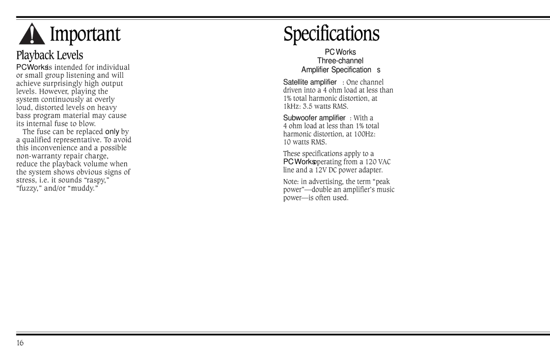 Cambridge SoundWorks PCWorks Speaker System operating instructions Specifications, Playback Levels 