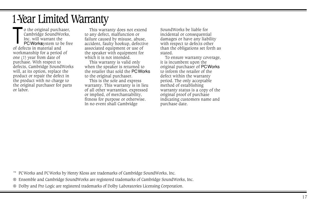 Cambridge SoundWorks PCWorks Speaker System operating instructions Year Limited Warranty 