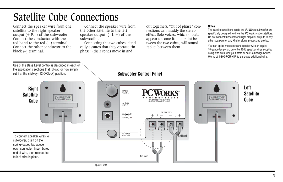 Cambridge SoundWorks PCWorks Speaker System operating instructions Satellite Cube Connections 